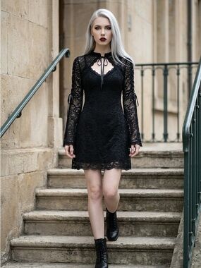 Hot Topic Black Lace Mini Dress with Sheer Bell Sleeves and Tie Neck